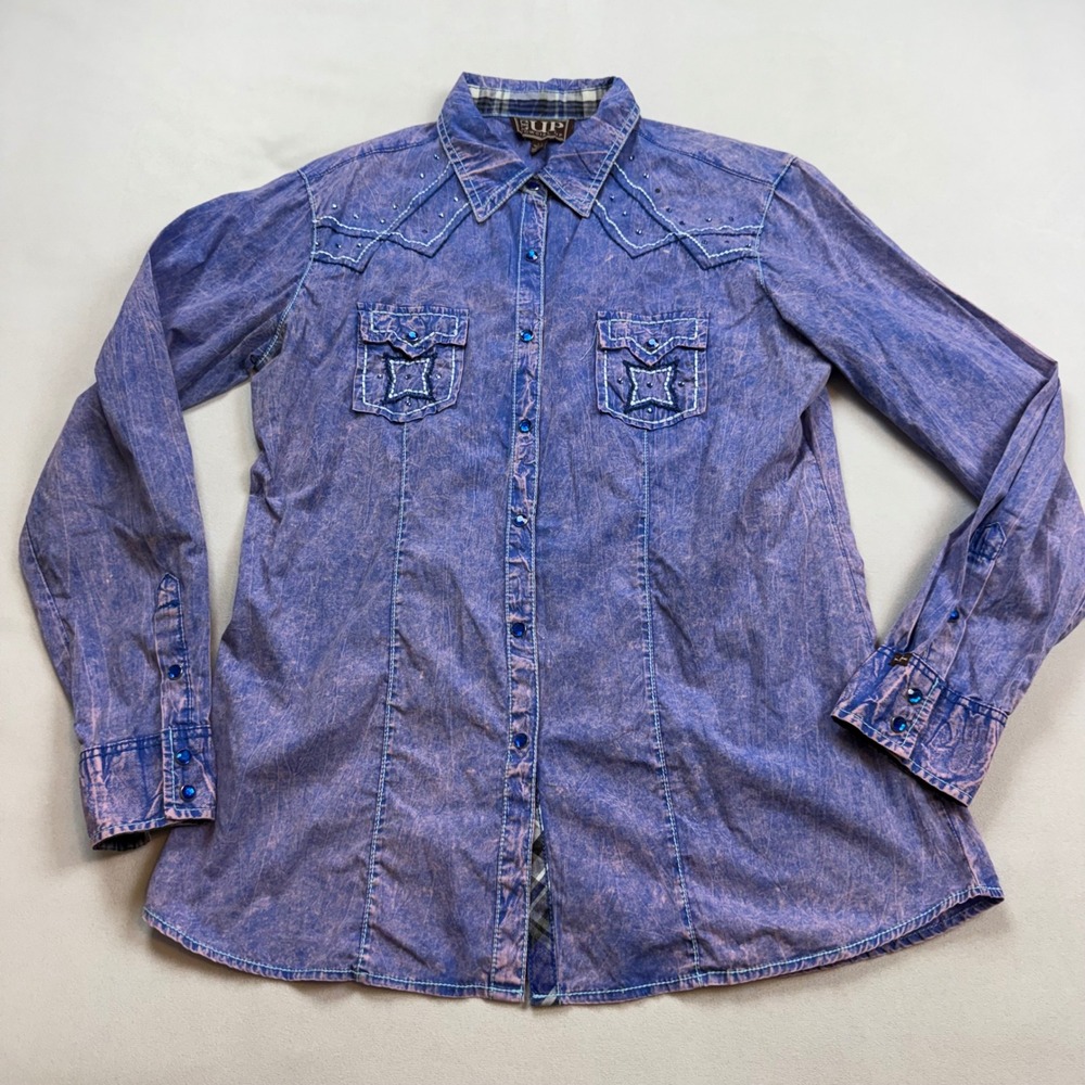 Cowgirl Up Purple Acid Wash Western Shirt Rhinestone Embroidered CG40902 Large